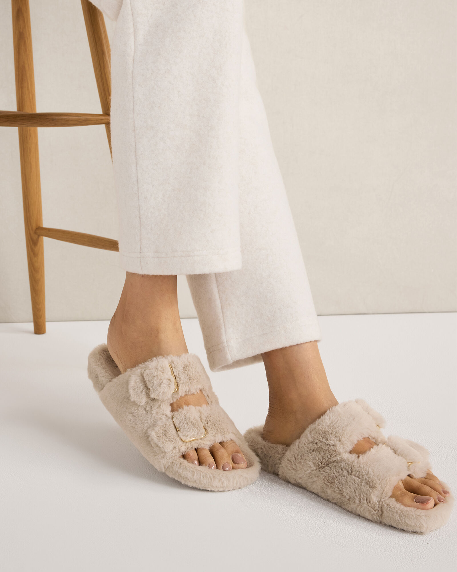 Faux Fur Buckle Molded Slippers