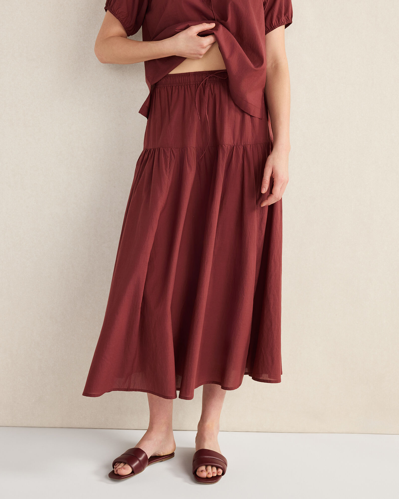 Cotton Voile Blend Drop Waist Midi Skirt