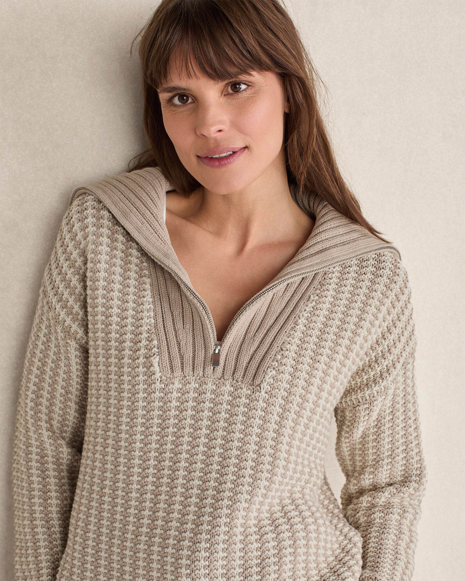 Cotton Blend Contrast Stitch Half Zip Sweater