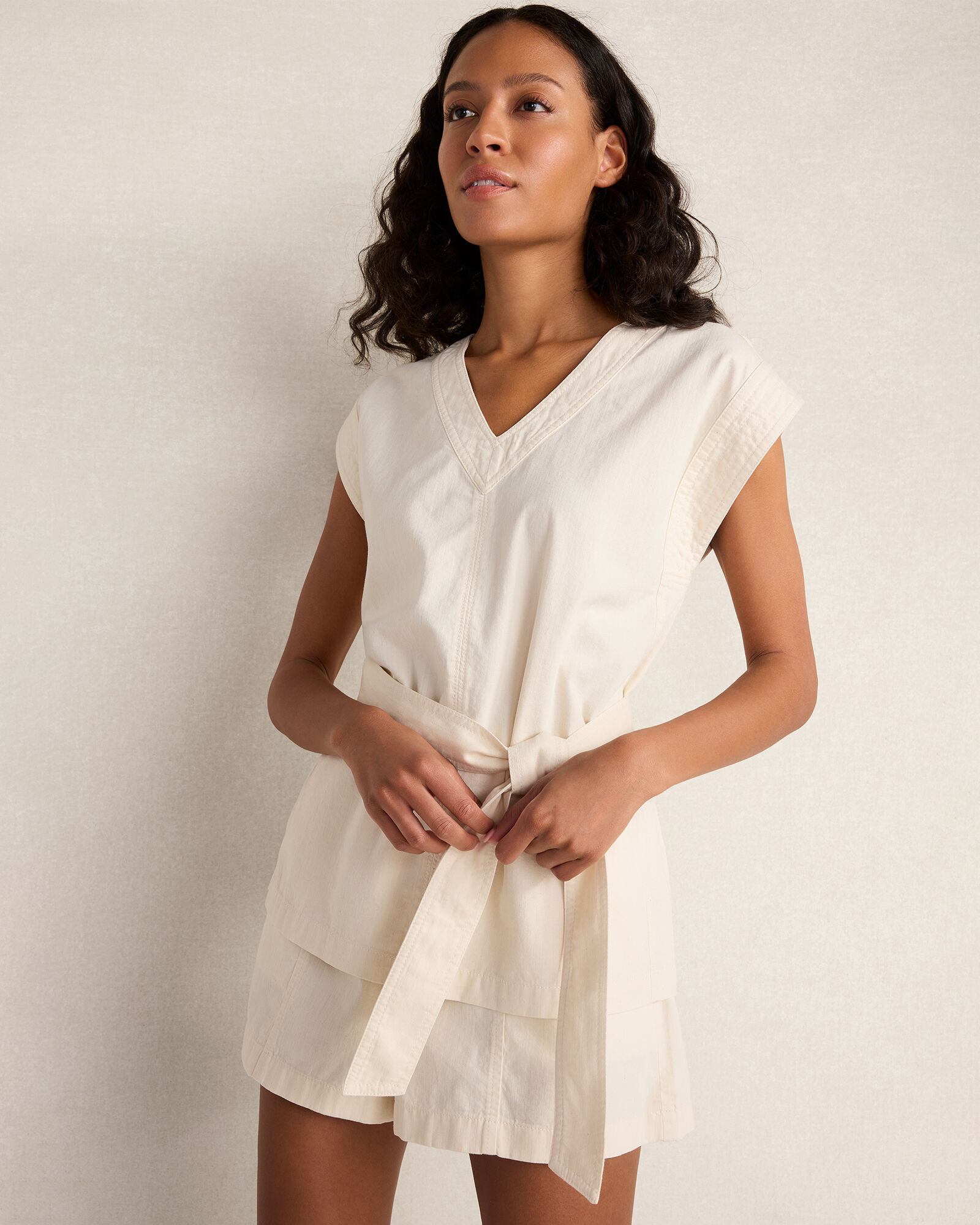 Cotton Ecru Denim V-Neck Belted Top