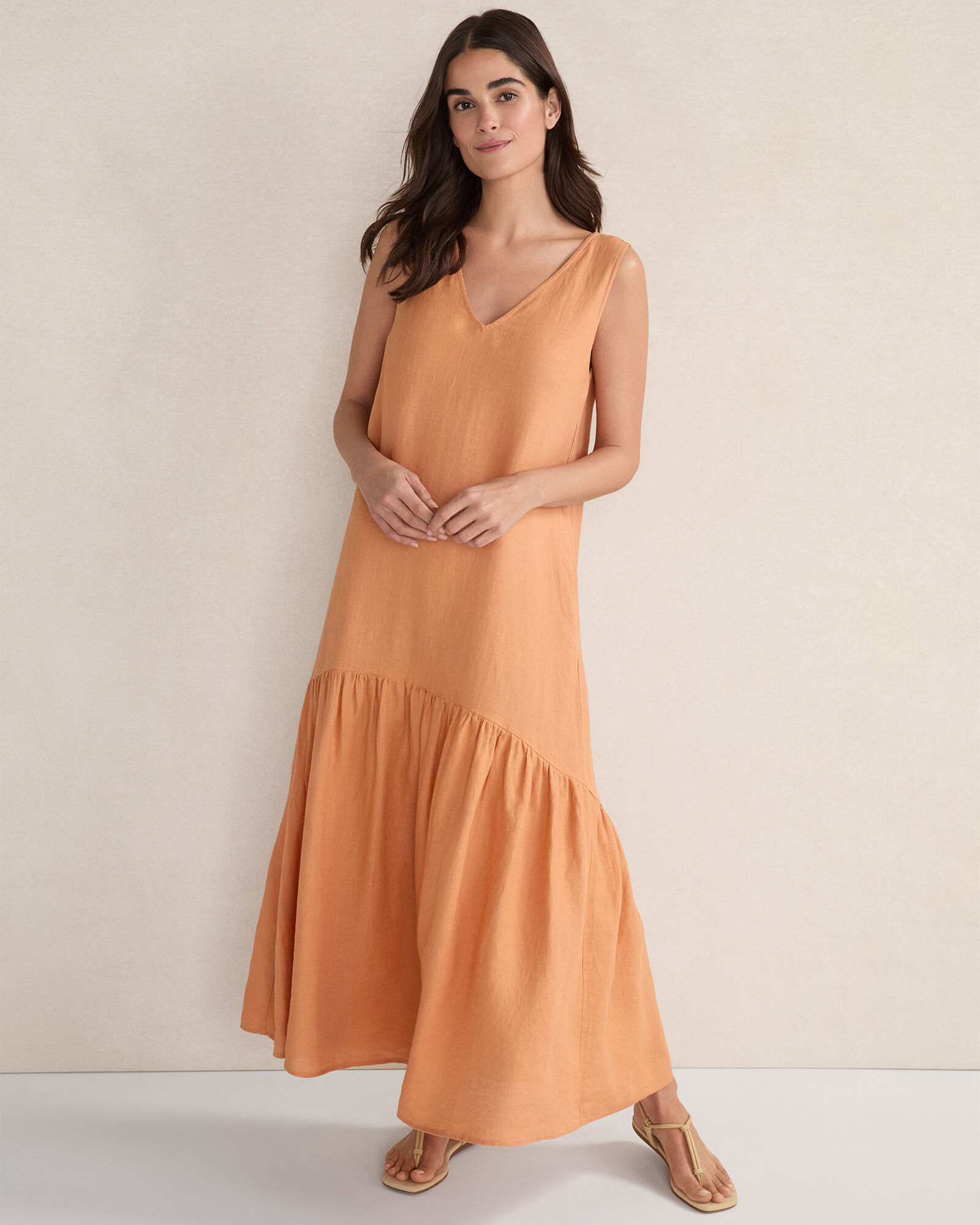 Linen V-Neck Tiered Midi Dress