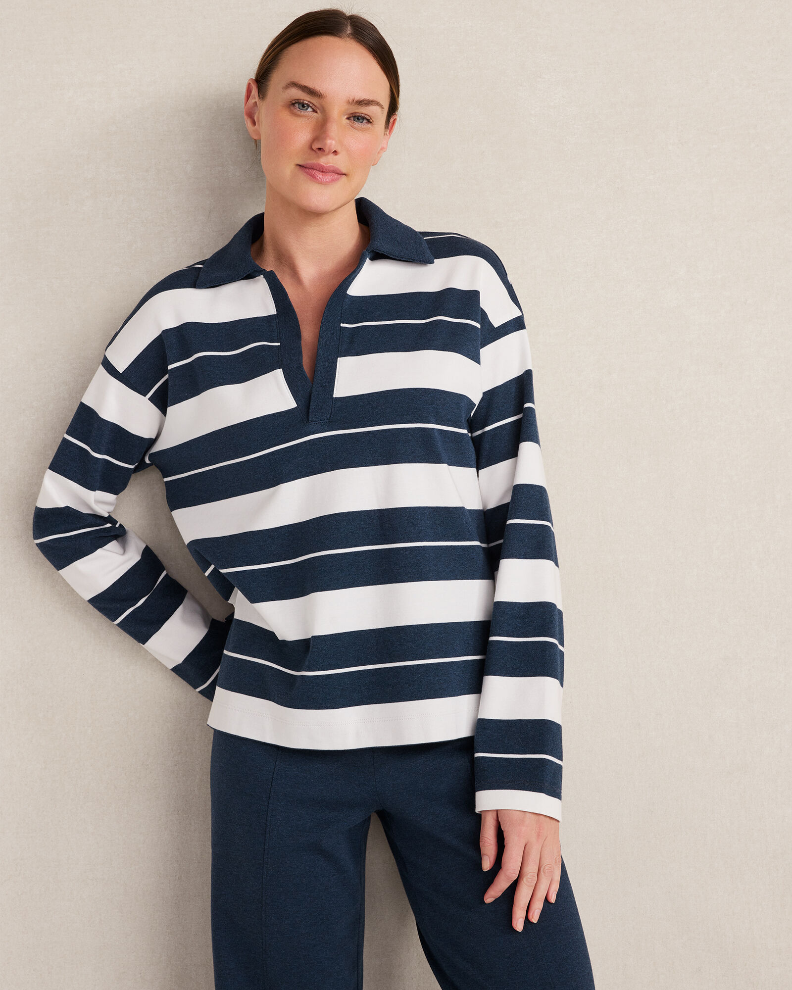 Organic Cotton Interlock Stripe Johnny Collar Top